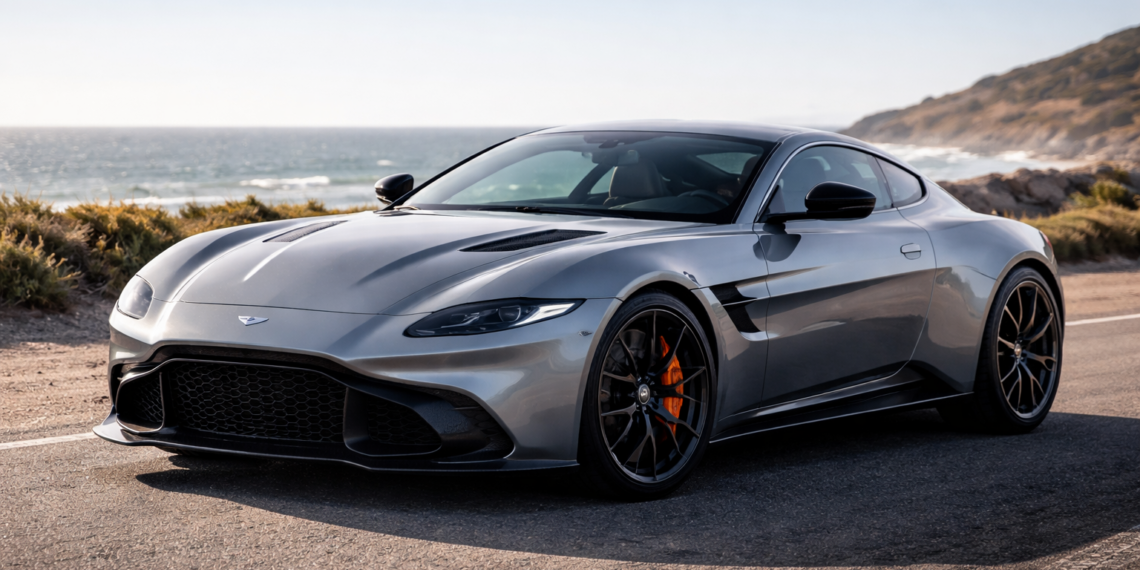 Sleek gray sports car by coastline