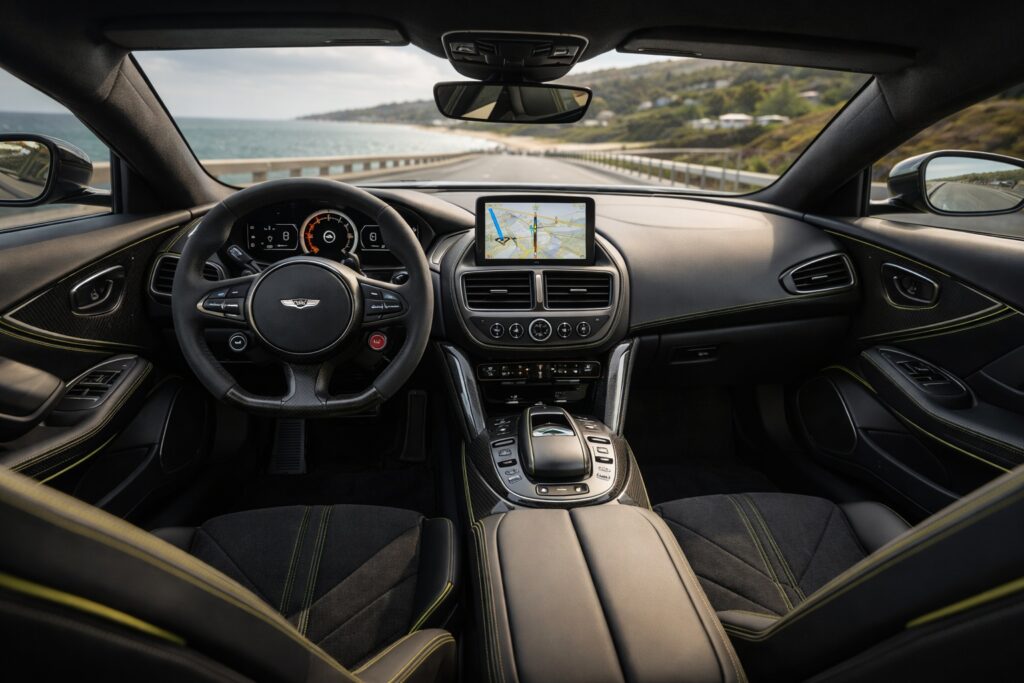 2026 Aston Martin Vantage interior cockpit with digital display and driver focused dashboard