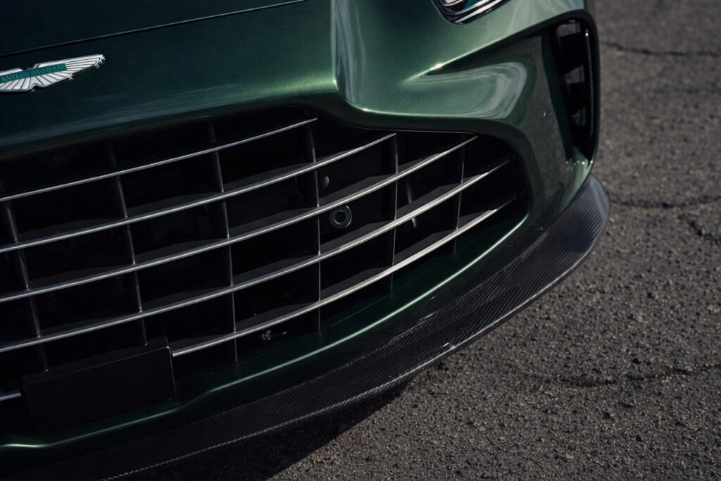 2026 Aston Martin Vantage front grille close up with carbon fiber splitter