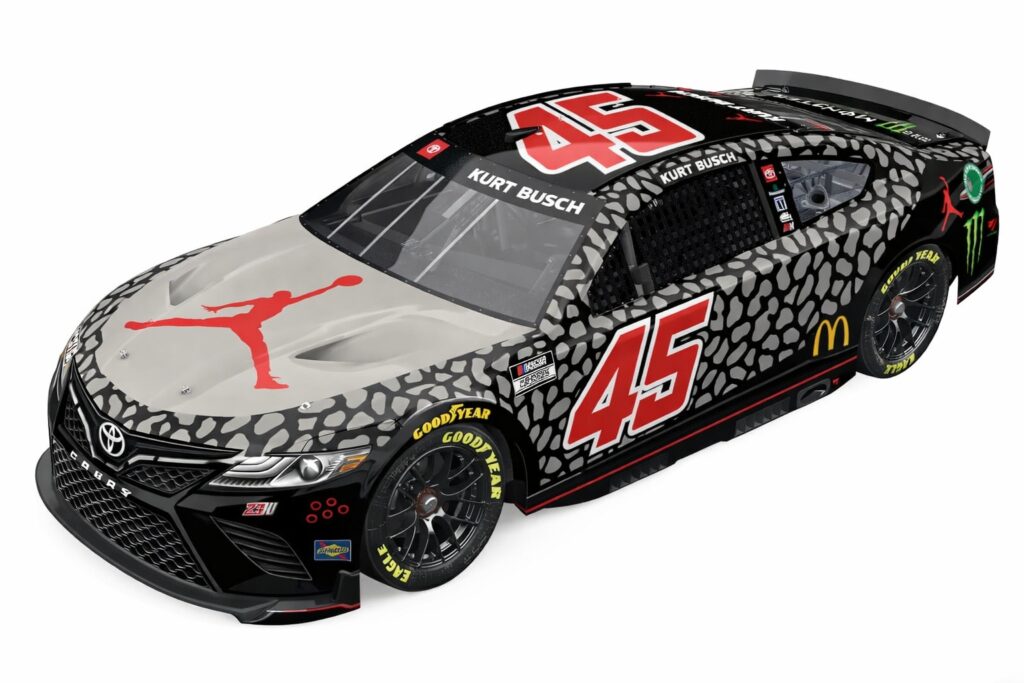 23XI Racing number 45 NASCAR Cup Series car with Jordan brand livery on track