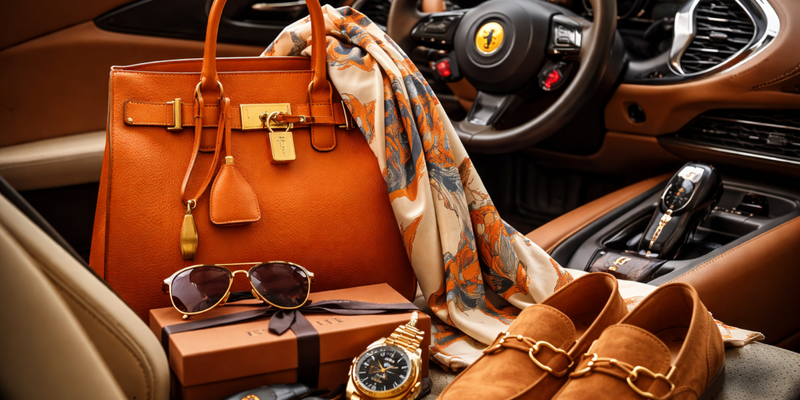 Luxury fashion accessories displayed inside an exotic car interior, including an orange designer handbag, suede loafers, sunglasses, scarf, and luxury watch.