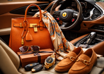 Luxury fashion accessories displayed inside an exotic car interior, including an orange designer handbag, suede loafers, sunglasses, scarf, and luxury watch.