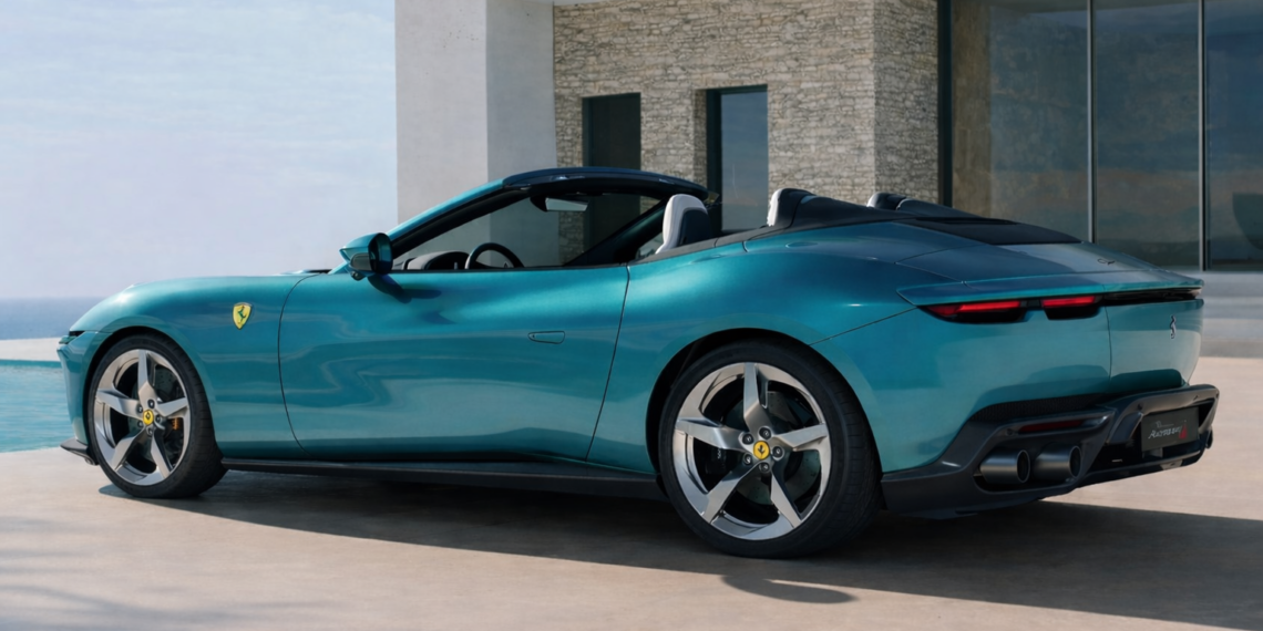 2027 Ferrari Amalfi Spider luxury convertible rear three quarter view parked beside coastal villa overlooking the ocean