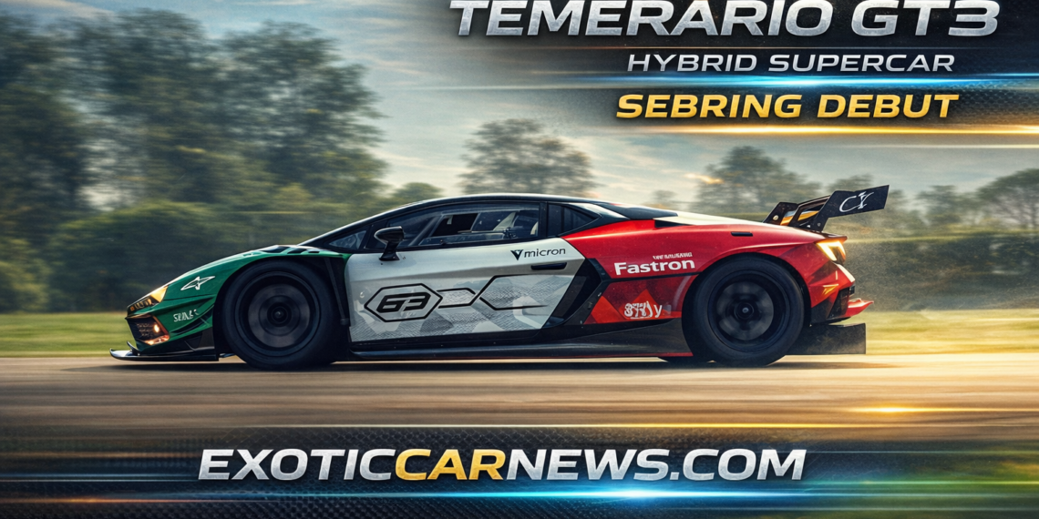 Lamborghini Temerario GT3 racing at Sebring debut showcasing hybrid supercar performance
