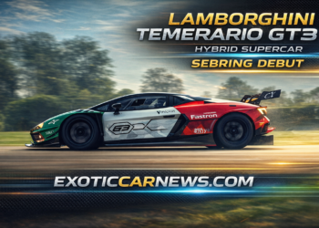 Lamborghini Temerario GT3 racing at Sebring debut showcasing hybrid supercar performance
