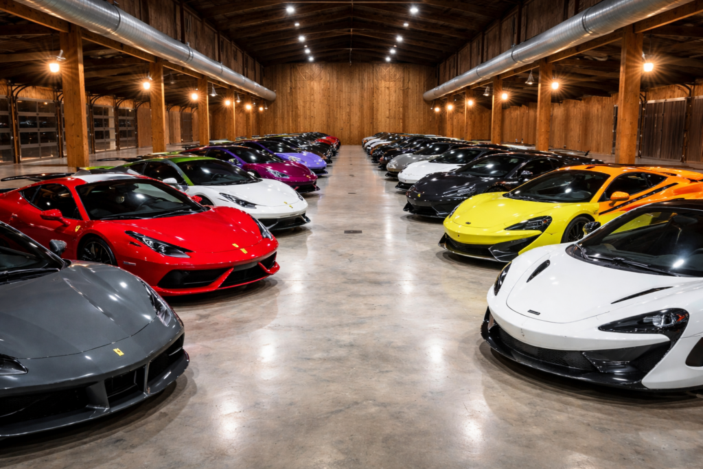 Luxury hypercar collection displayed inside a premium wood-paneled showroom with polished concrete floors and dramatic overhead lighting.