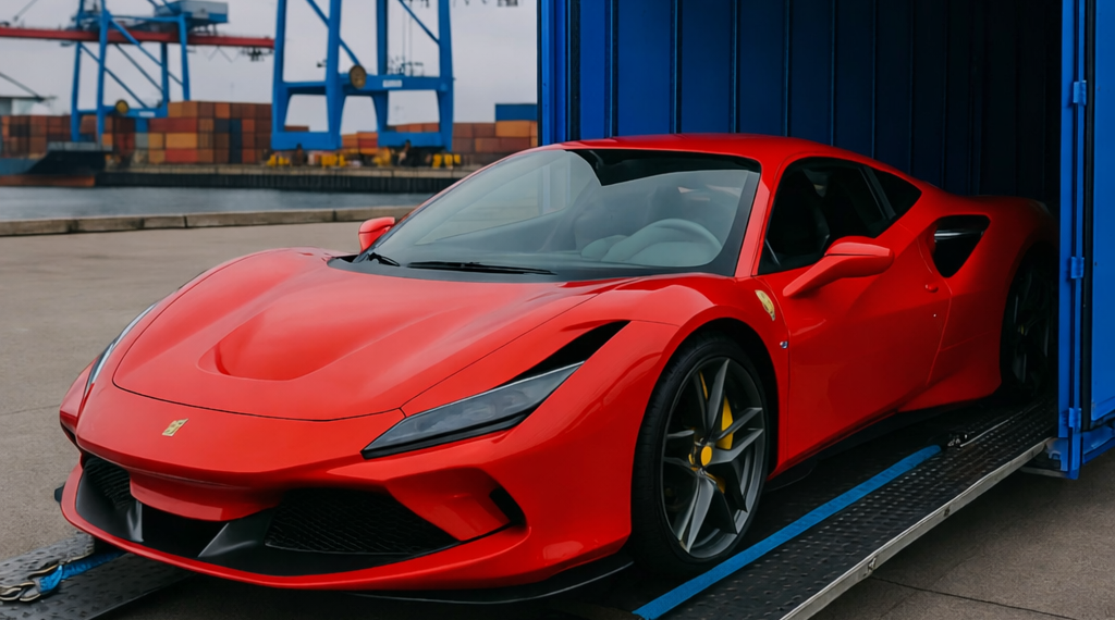 Red Ferrari 458 being loaded into a blue shipping container at a port highlighting global supercar logistics and delivery disruptions