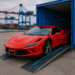 Red Ferrari 458 being loaded into a blue shipping container at a port highlighting global supercar logistics and delivery disruptions