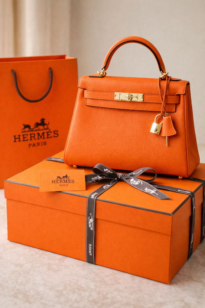 Orange handbag and gift box from one of the luxury fashion brands most associated with exotic car culture