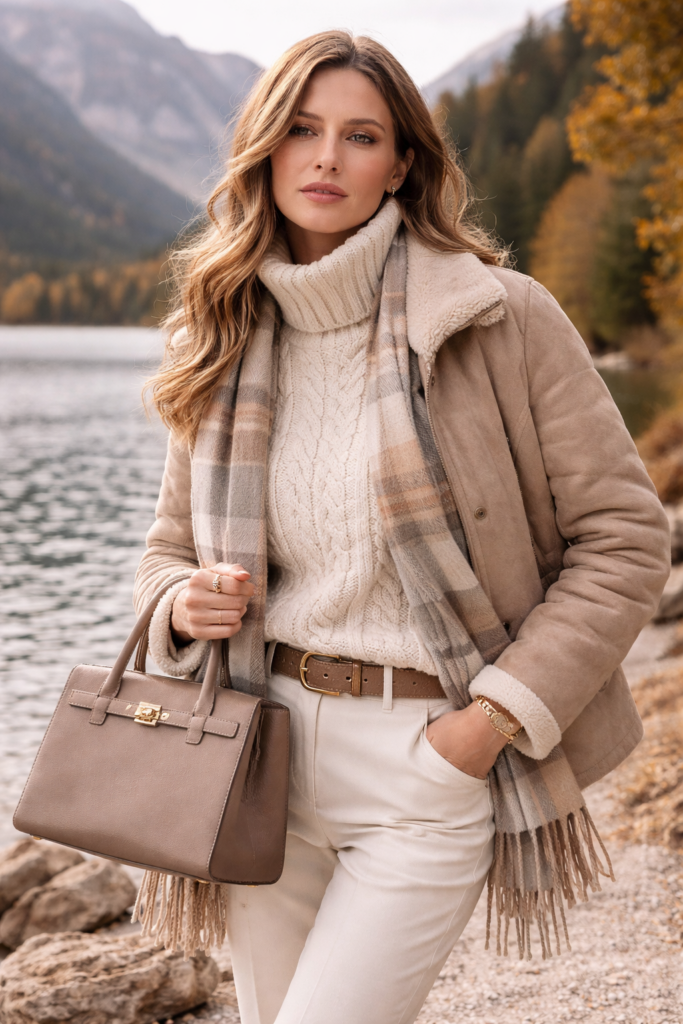 Woman in neutral luxury winter outfit standing by a mountain lake wearing a cashmere sweater, shearling jacket, plaid scarf, and carrying a taupe handbag