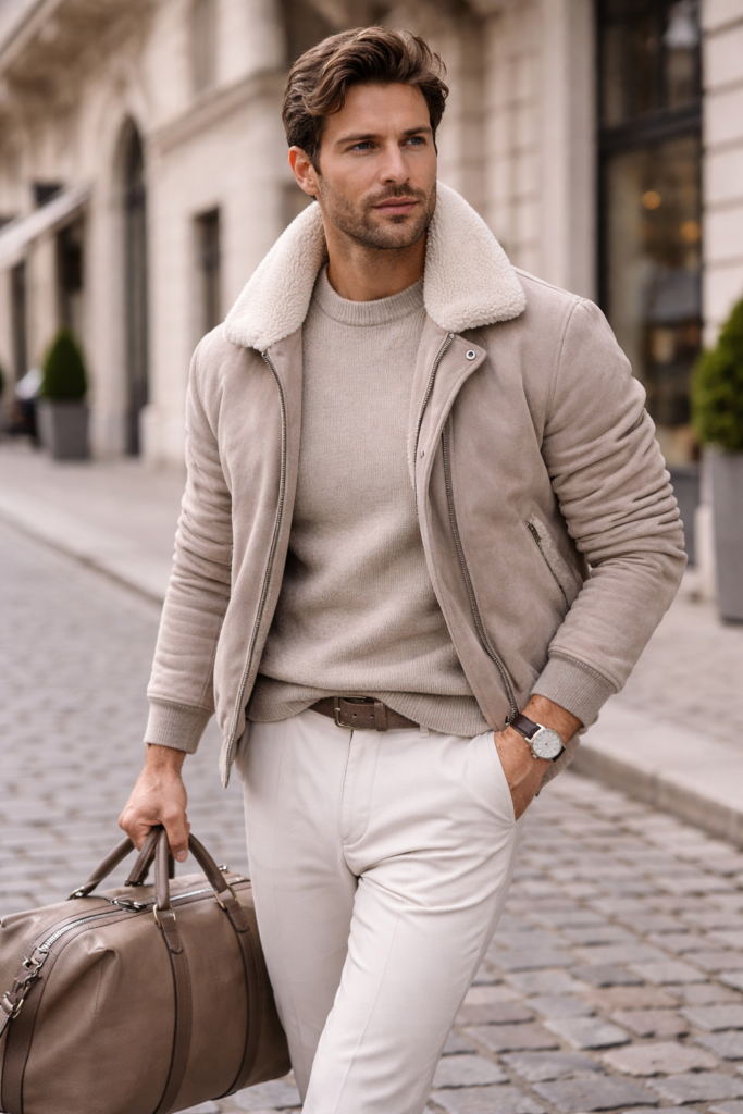 Stylish man in neutral luxury clothing walking on a cobblestone street carrying a leather duffel bag