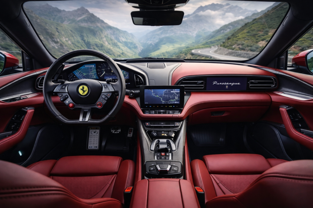 Luxury performance SUV interior with red leather dashboard, digital displays, and a driver-focused cockpit overlooking a winding mountain road.