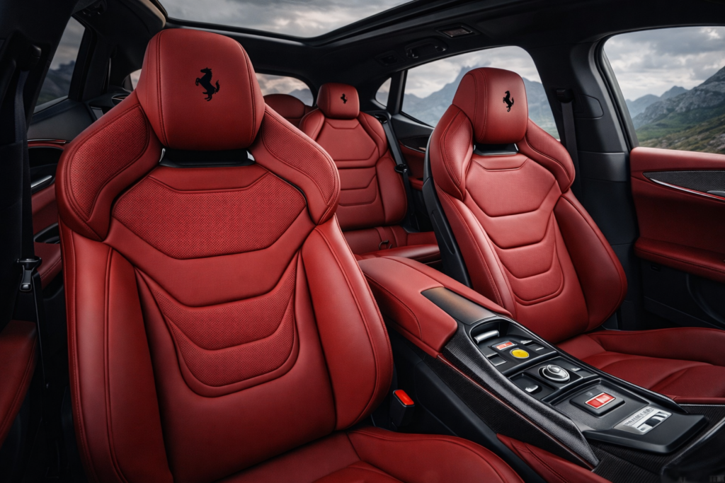 Luxury performance SUV interior with red leather sport seats, perforated inserts, and sculpted bolsters with embroidered headrests.