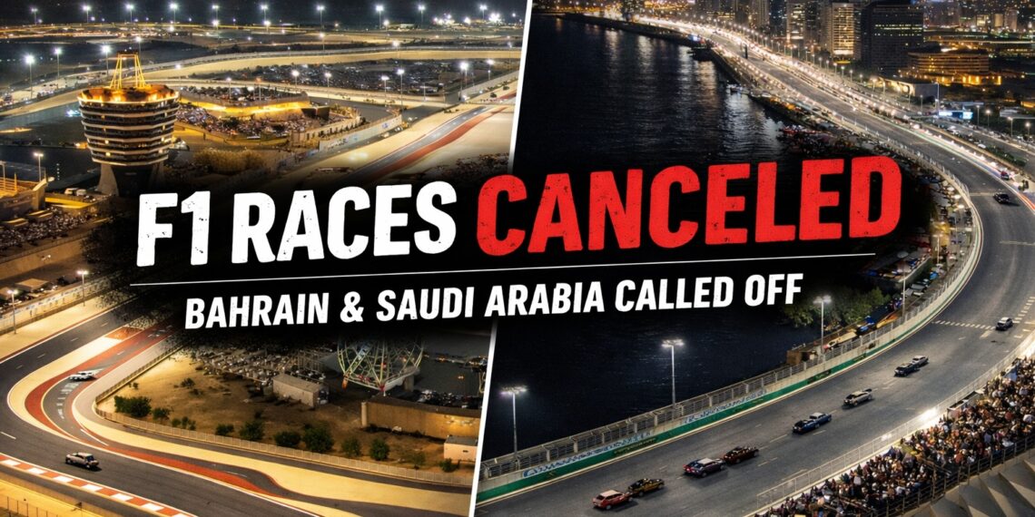 Bahrain International Circuit and Jeddah Corniche Circuit at night with text announcing Formula 1 race cancellations in Bahrain and Saudi Arabia.