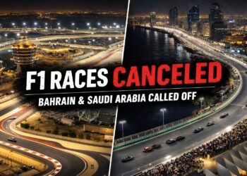 Bahrain International Circuit and Jeddah Corniche Circuit at night with text announcing Formula 1 race cancellations in Bahrain and Saudi Arabia.