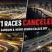 Bahrain International Circuit and Jeddah Corniche Circuit at night with text announcing Formula 1 race cancellations in Bahrain and Saudi Arabia.