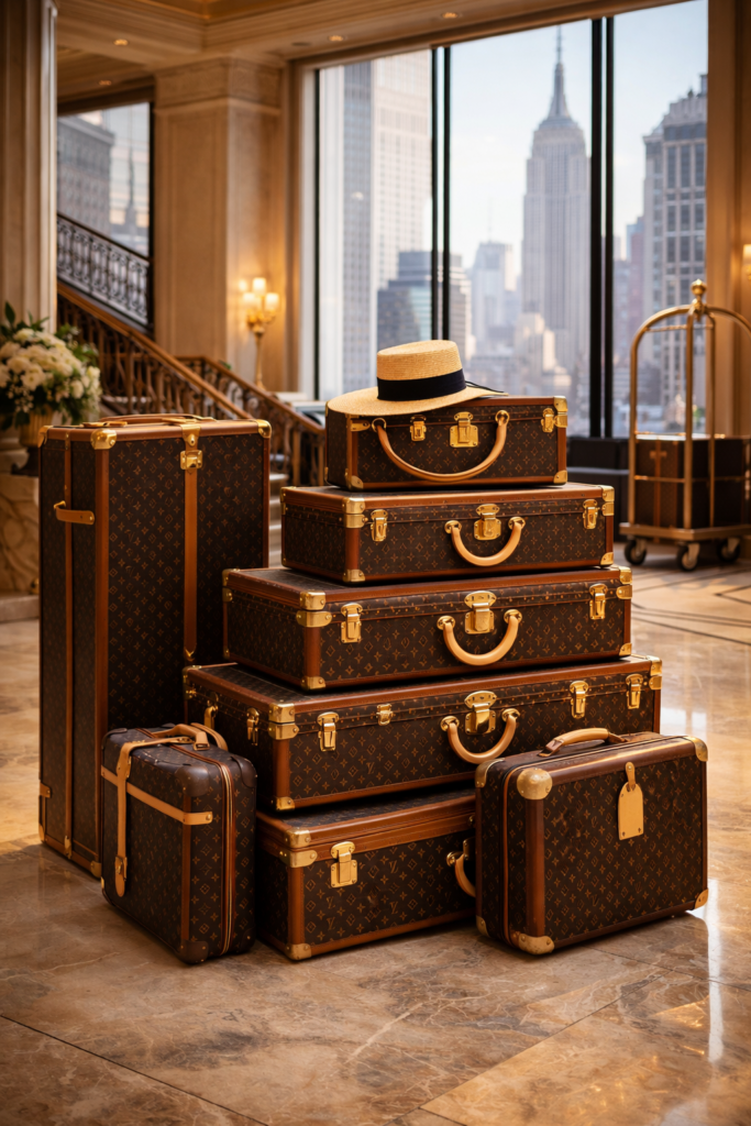 Louis Vuitton luggage in a luxury New York hotel lobby