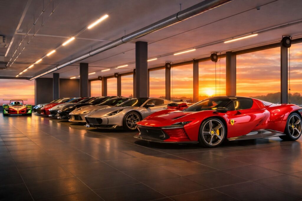 Luxury supercars lined up inside a modern showroom at sunrise with a red Ferrari in the foreground