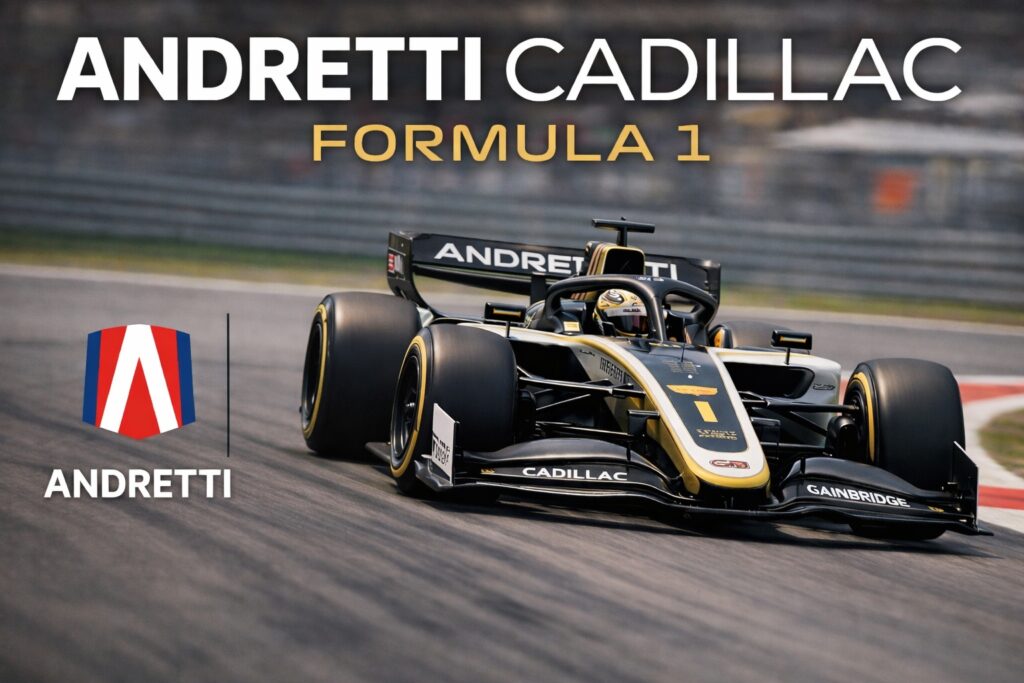 Andretti Cadillac Formula 1 concept race car driving on a racetrack in a motorsport scene