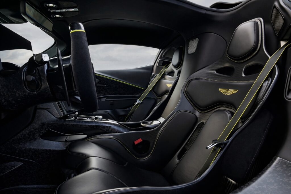 Aston Martin Valhalla interior with carbon bucket seats and yellow accent details