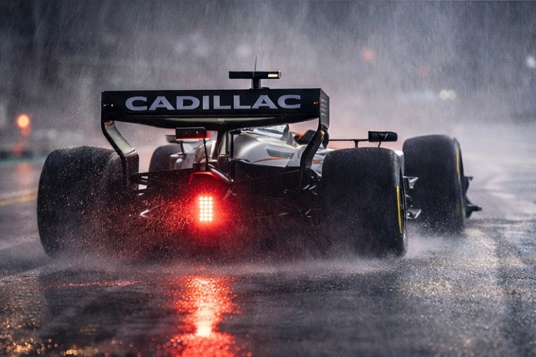 Rear view of a Cadillac Formula 1 car racing through heavy rain on a wet track at night.