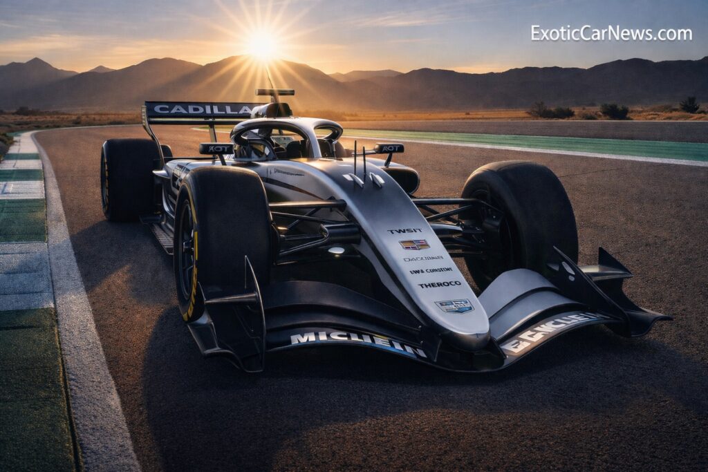 Cadillac F1 team car on a racetrack at sunrise representing the new American F1 team entry
