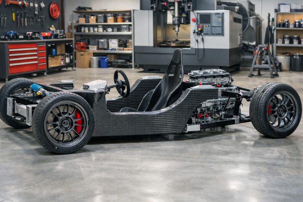 Carbon fiber race car chassis prototype in automotive workshop with exposed engine and suspension