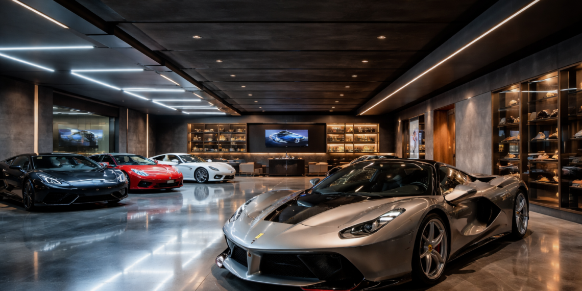 Luxury dream garage interior with exotic supercars, polished floors, ambient lighting, and private collector showroom design