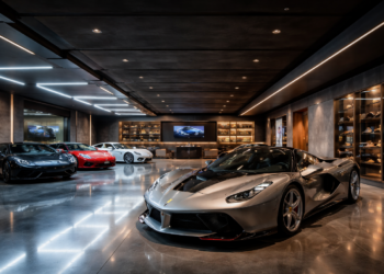 Luxury dream garage interior with exotic supercars, polished floors, ambient lighting, and private collector showroom design