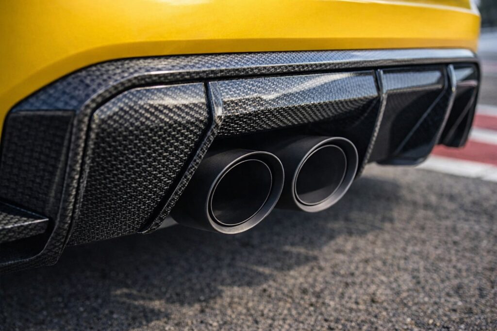 Close-up of a performance cars carbon fiber rear diffuser with dual exhaust tips and bodywork rear bumper apron