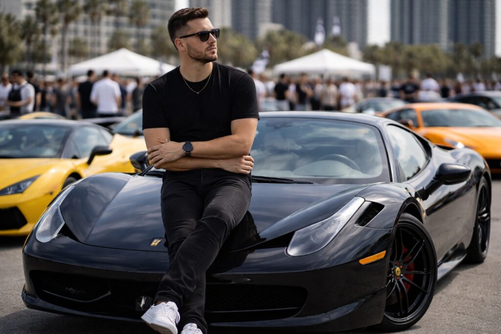 Man sitting on the hood of a black Ferrari at an exotic car show surrounded by luxury sports cars