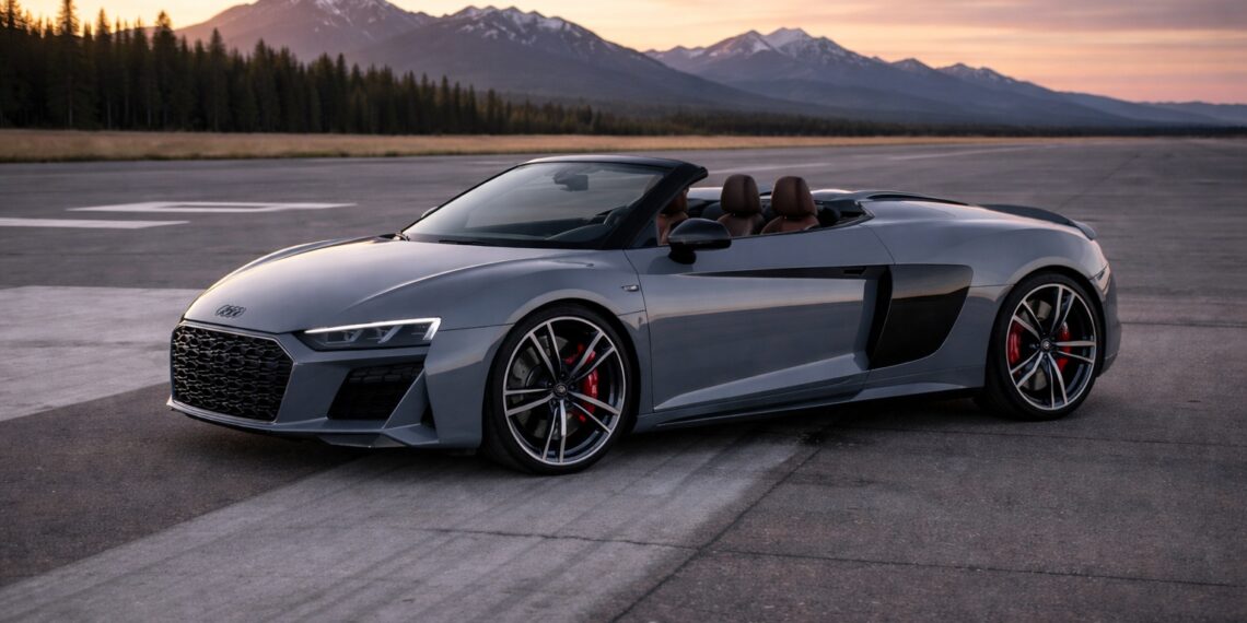 Metallic gray Audi R8 Spyder parked on an open runway at sunset with mountains and a pine tree backdrop