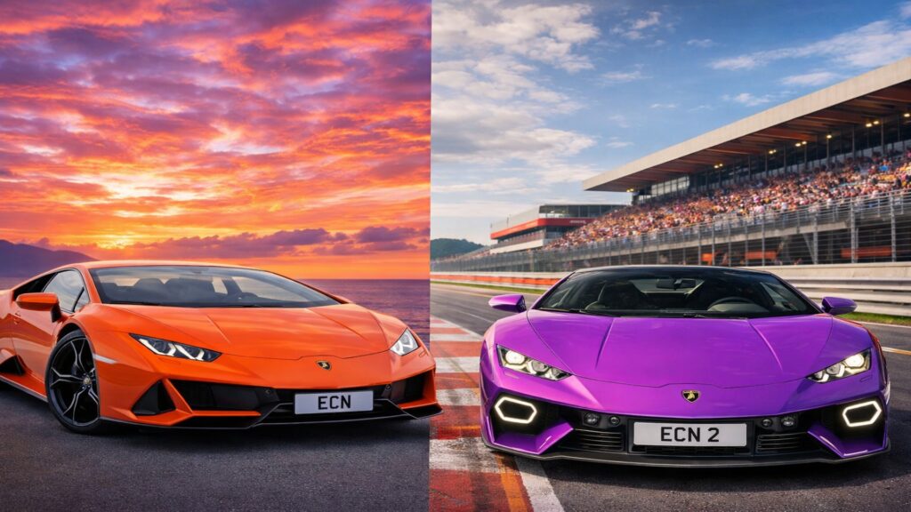Orange Lamborghini Huracán beside a purple Temerario on a racetrack grandstand background at sunset