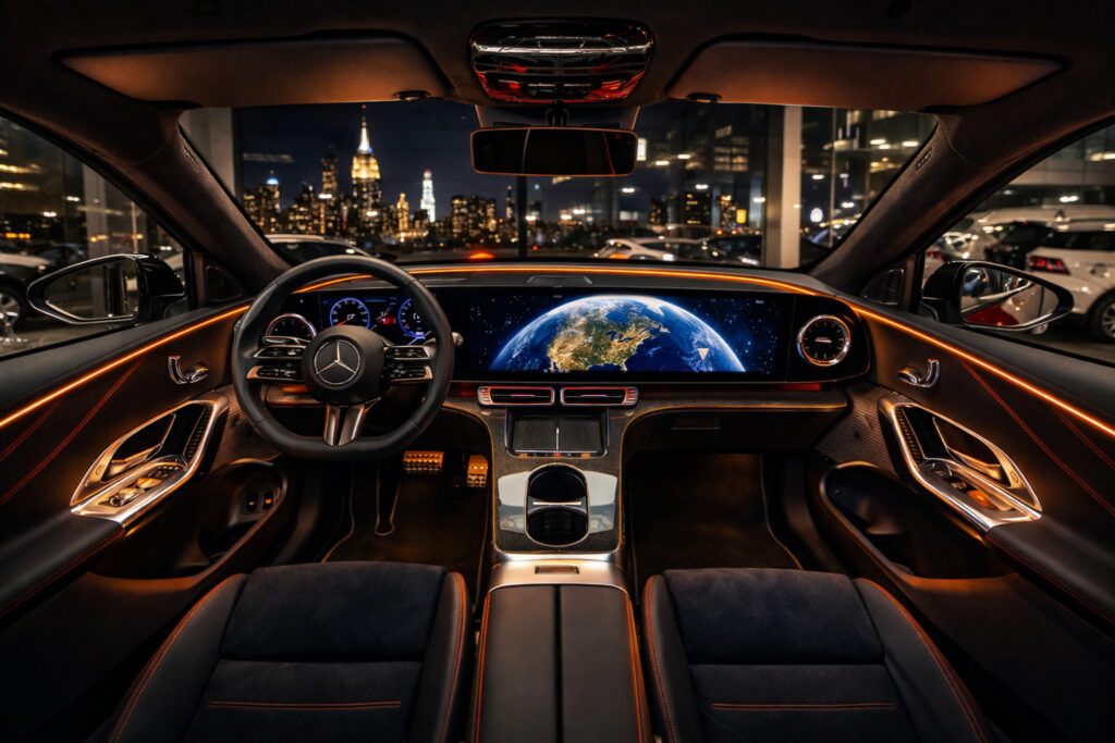 Luxury Mercedes-Benz interior at night with ambient orange lighting, panoramic digital dashboard, and Manhattan skyline visible through the windshield.