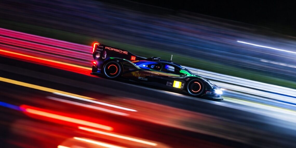 Endurance race car at night with glowing brakes and motion blur pushing beyond redline limits