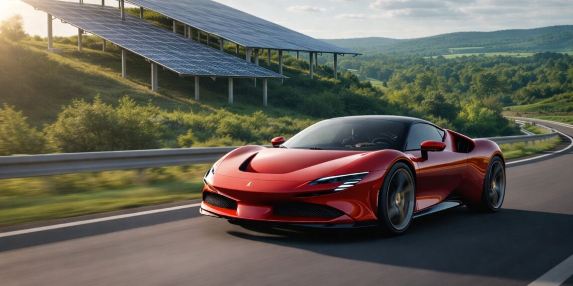 Red exotic supercar driving past solar panel farm on scenic highway