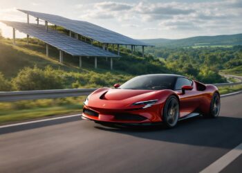 Red exotic supercar driving past solar panel farm on scenic highway