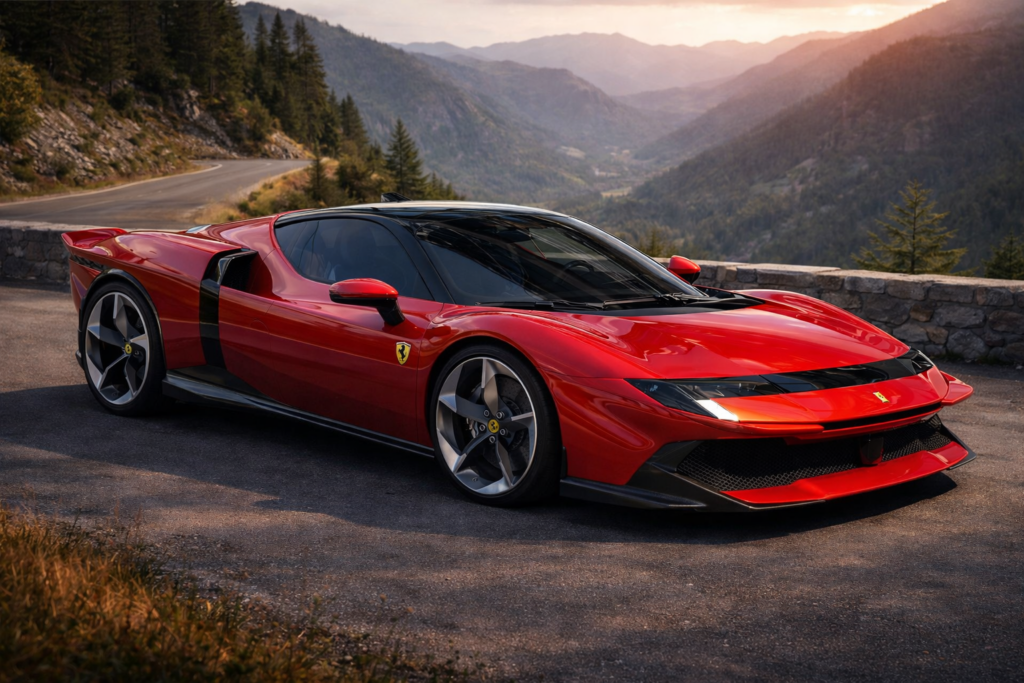Ferrari 849 Testarossa hybrid supercar on scenic mountain road at sunset