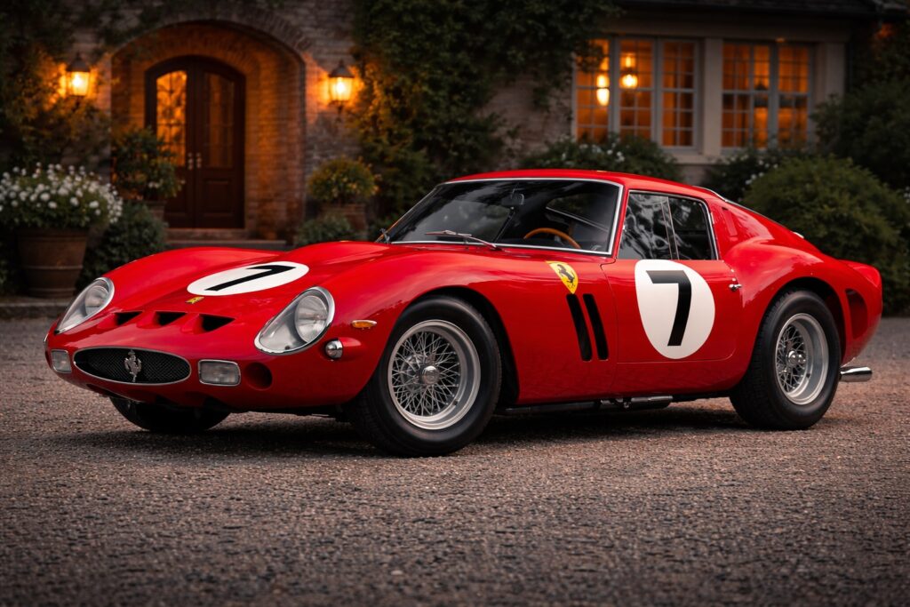 Red Ferrari 250 GTO classic collector car parked in front of a luxury estate at dusk