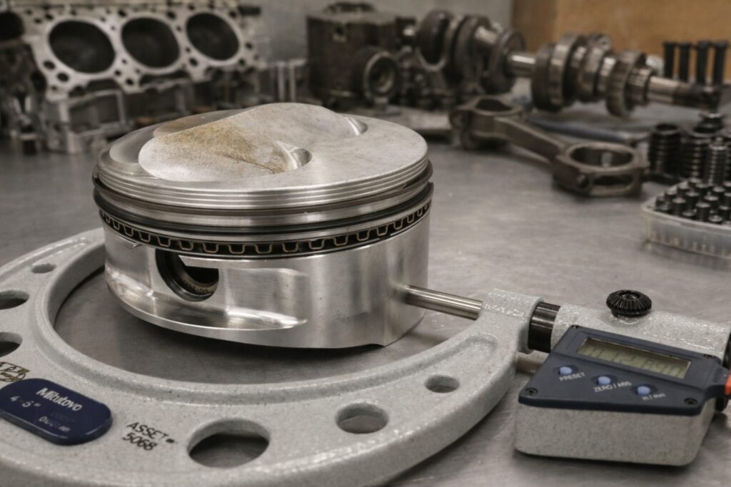 High-performance aluminum engine piston being measured with a digital micrometer on a workbench with engine components in the background