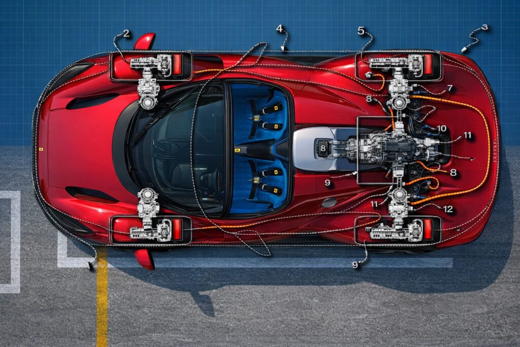 Top-down cutaway of a hybrid exotic supercar showing electric motors, drivetrain components, and high-performance suspension system