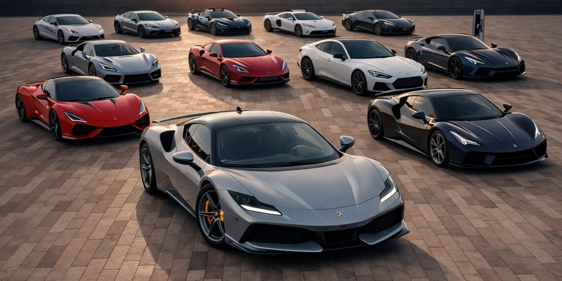 Hybrid and electric exotic supercars including Ferrari SF90, McLaren Artura, and luxury EV hypercars lined up at sunset overlooking a coastal landscape