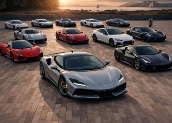 Hybrid and electric exotic supercars including Ferrari SF90, McLaren Artura, and luxury EV hypercars lined up at sunset overlooking a coastal landscape