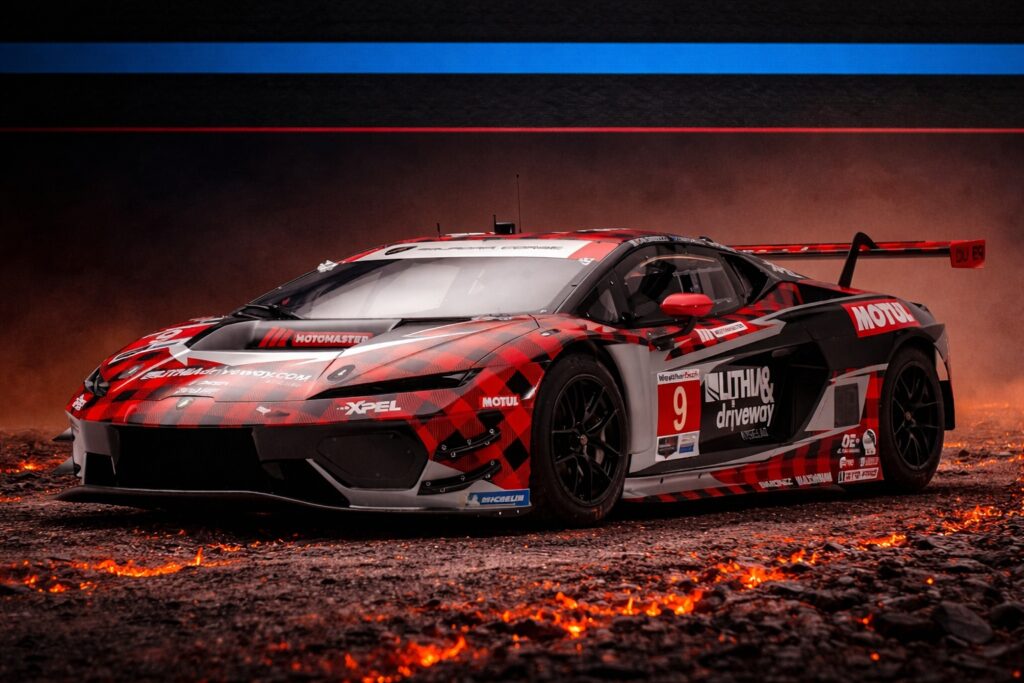 Lamborghini race car in red and black livery with black and blue stripe backdrop and glowing coal-style tire marks beneath