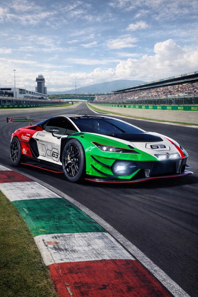 Lamborghini Temerario GT3 race car driving through a professional racetrack corner