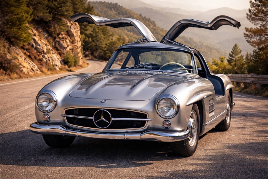 Silver Mercedes-Benz 300SL Gullwing with doors open on a scenic mountain road