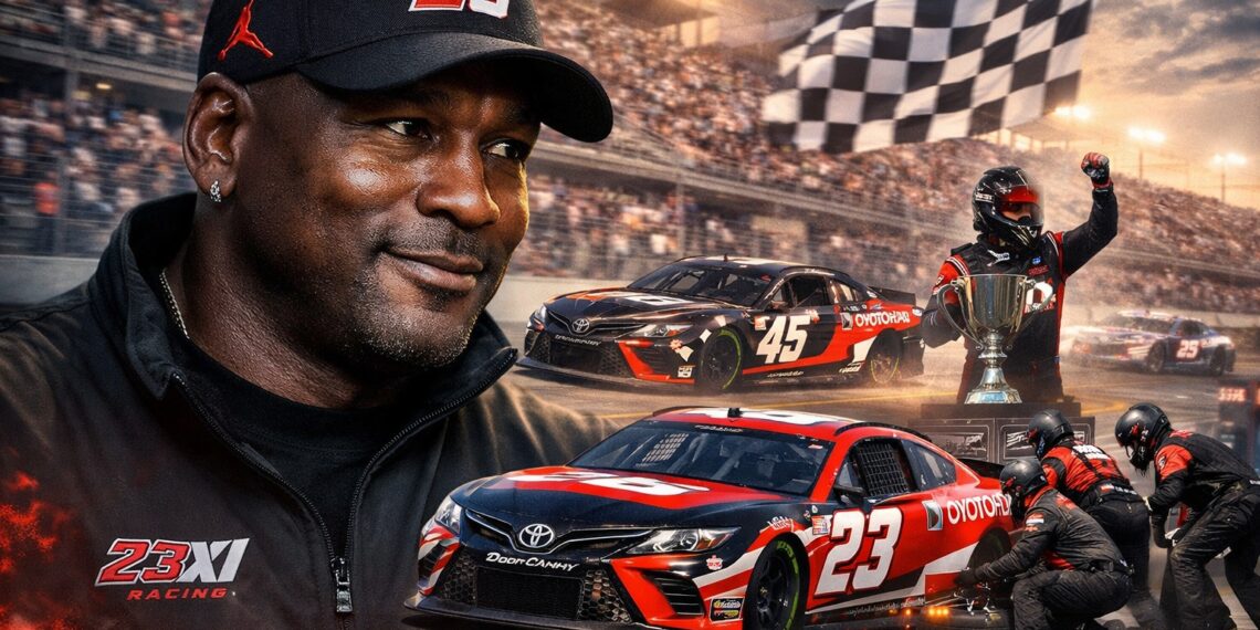 Michael Jordan with 23XI Racing NASCAR team featured image showing stock cars, pit crew action, and race-day atmosphere