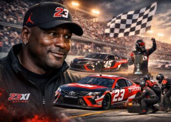 Michael Jordan with 23XI Racing NASCAR team featured image showing stock cars, pit crew action, and race-day atmosphere