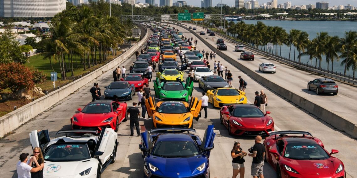 Large exotic car rally meet lined up on a Miami causeway with skyline and waterfront in the background