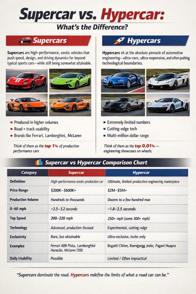 Infographic comparing supercars and hypercars with example vehicle images and a chart covering price, speed, production volume, technology, exclusivity, and daily usability.